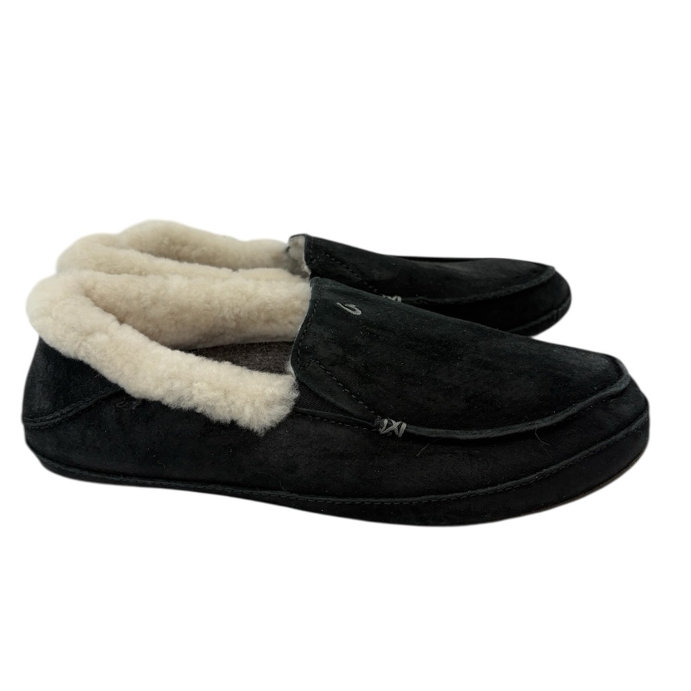 OluKai Cozy Black Leather Slippers NZ Wool Shearling Fur Lining, Women’s Size 7